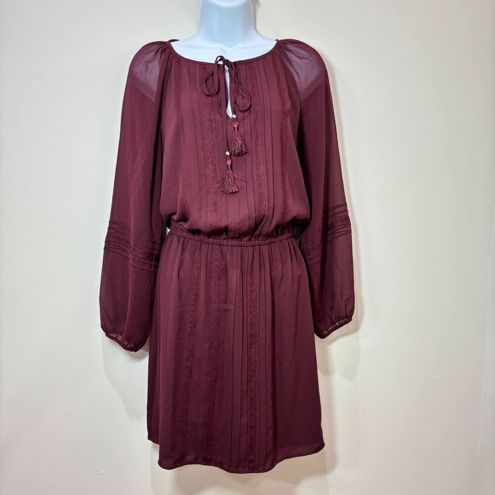 White House Black Market Mini Dress XXS Smocked Waist Blouson Maroon Red Boho